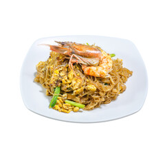 Korat stir fried noodle with king prawns isolated on transparent background