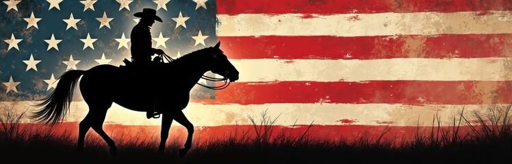 Silhouette of cowboy riding horse against grunge American flag. Evokes themes patriotism and Wild West star ranch legend. Rider rodeo duel parade rural landscape.