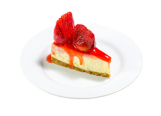 Delicious strawberry cheesecake slice on a plate isolated transparent background