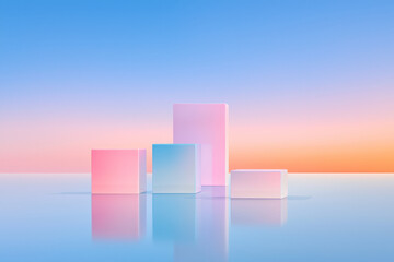 Fototapeta premium Expansive landscape of pastel pink cubes emerging from a calm blue plane, forming a gently