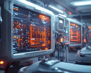 Fototapeta premium Healthcare technology in hospital with glowing AR health monitoring screens, sleek futuristic setting, bright clean lighting, photorealistic