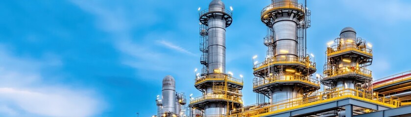 Obraz premium Large industrial refinery complex with numerous yellow and white pipes and infrastructure