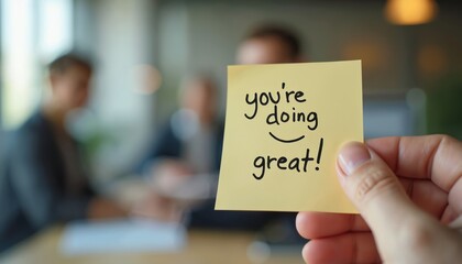 Hand holds sticky note with words Youre doing great and smiley face on blurred office background. Concept of positivity, encouragement, motivation, support and inspiration. Great job affirmation.