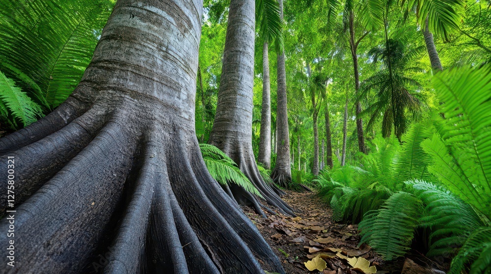 Poster Large tree with extensive roots in a dense jungle environment surrounded by lush greenery and foliage