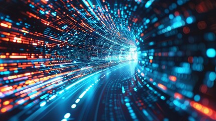 Obraz premium Abstract technology futuristic glowing blue and red light curved lines with high-speed effect on dark blue background. 