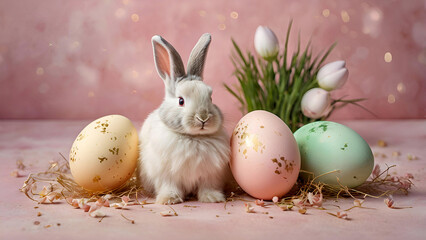 The concept of a bright Easter holiday. Delicate Easter eggs, bunnies on a pastel background.