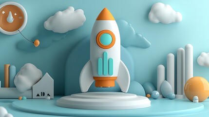 3D Rocket Launching Next to Bar Graph, A 3D illustration of a rocket launching next to a bar graph on a blue background