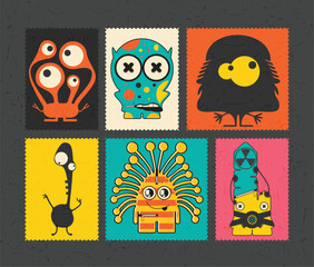 Set of cartoon monsters  on color grunge background