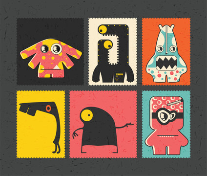 Naklejki Set of cartoon monsters  on color grunge background