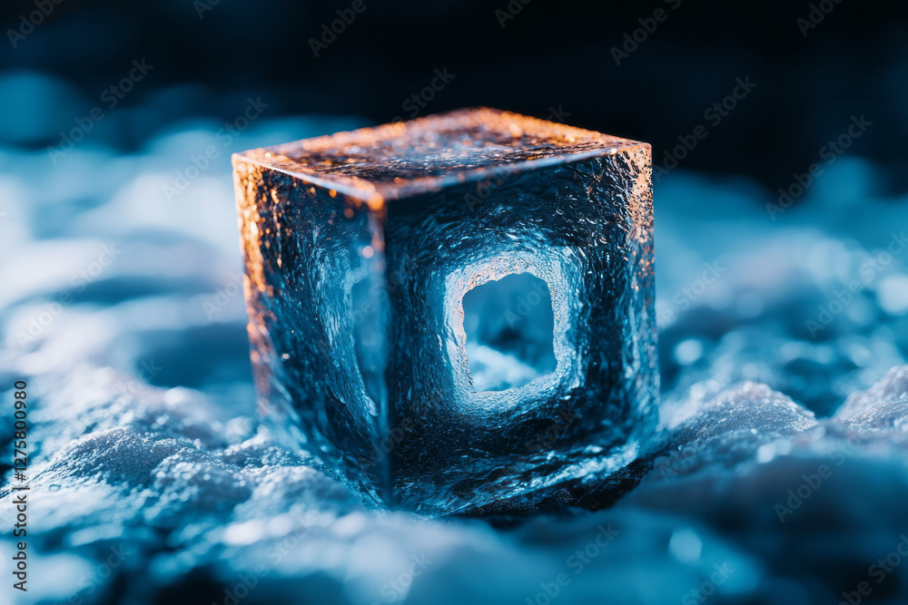 Aufkleber Macro shot of a single rotating cube splintering into ultrathin layers, each slice highlighted by