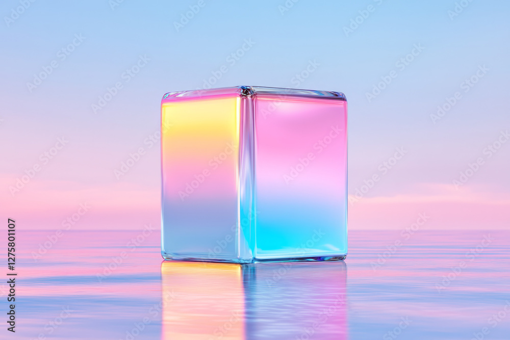 Aufkleber Transparent, glassy cube on the verge of exploding into tiny angular polygons, floating serenely