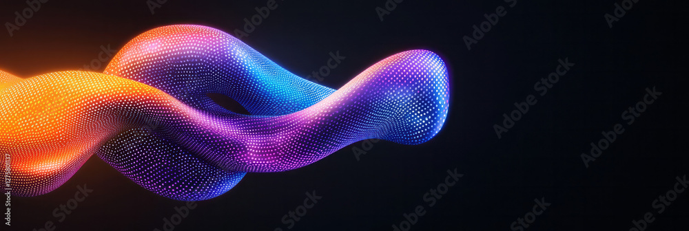 Poster undulating torus twisted into an elongated knot, highlighted by luminescent polka-dot perforations