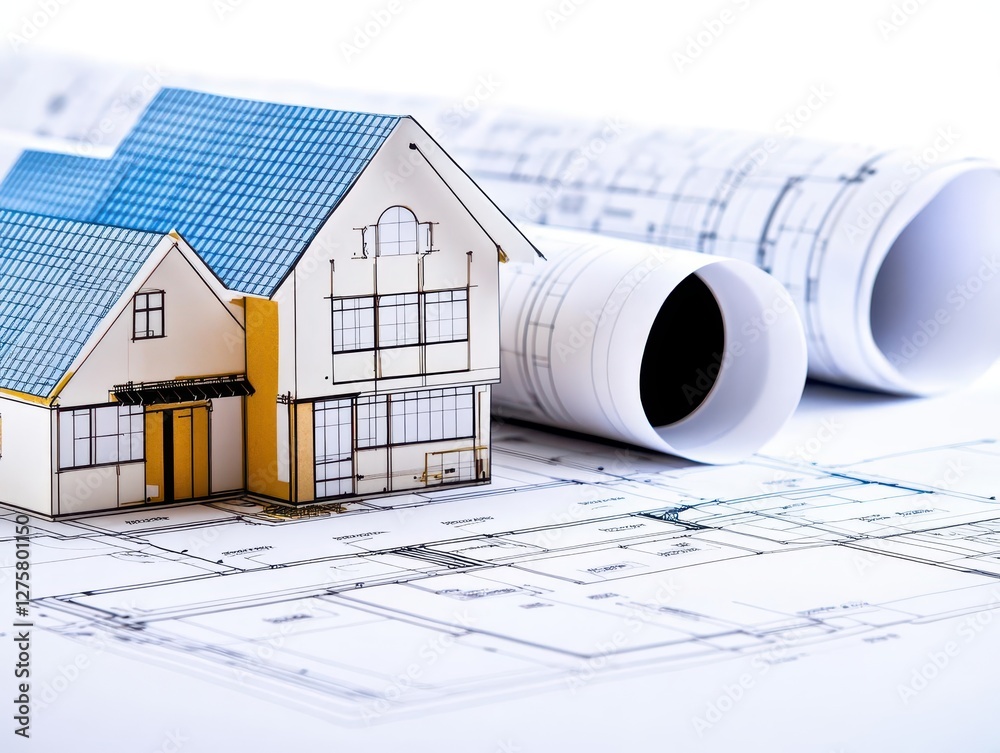 Poster a house model placed on architectural blueprints and plans for home construction and design analysis