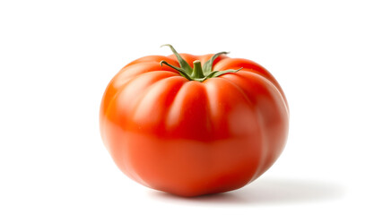 A perfectly round tomato with a rich red hue and natural imperfections, glistening under soft light. Isolated on a pure white background, ideal for high-quality food stock photography.