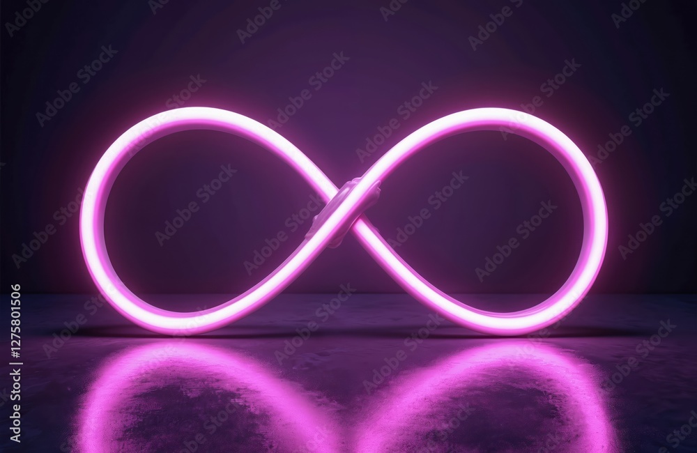 Poster glowing purple infinity symbol on dark reflective surface, eternity, limitless possibilities. abstra