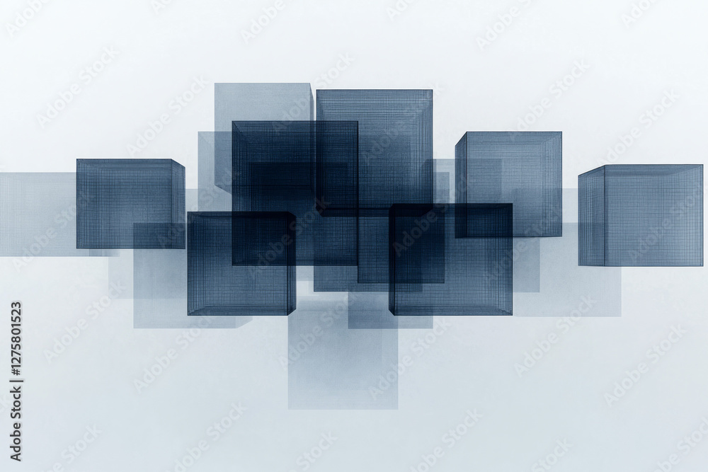 Poster soaring cube towers in varying shades of blue, connected by a faint wireframe grid that recedes
