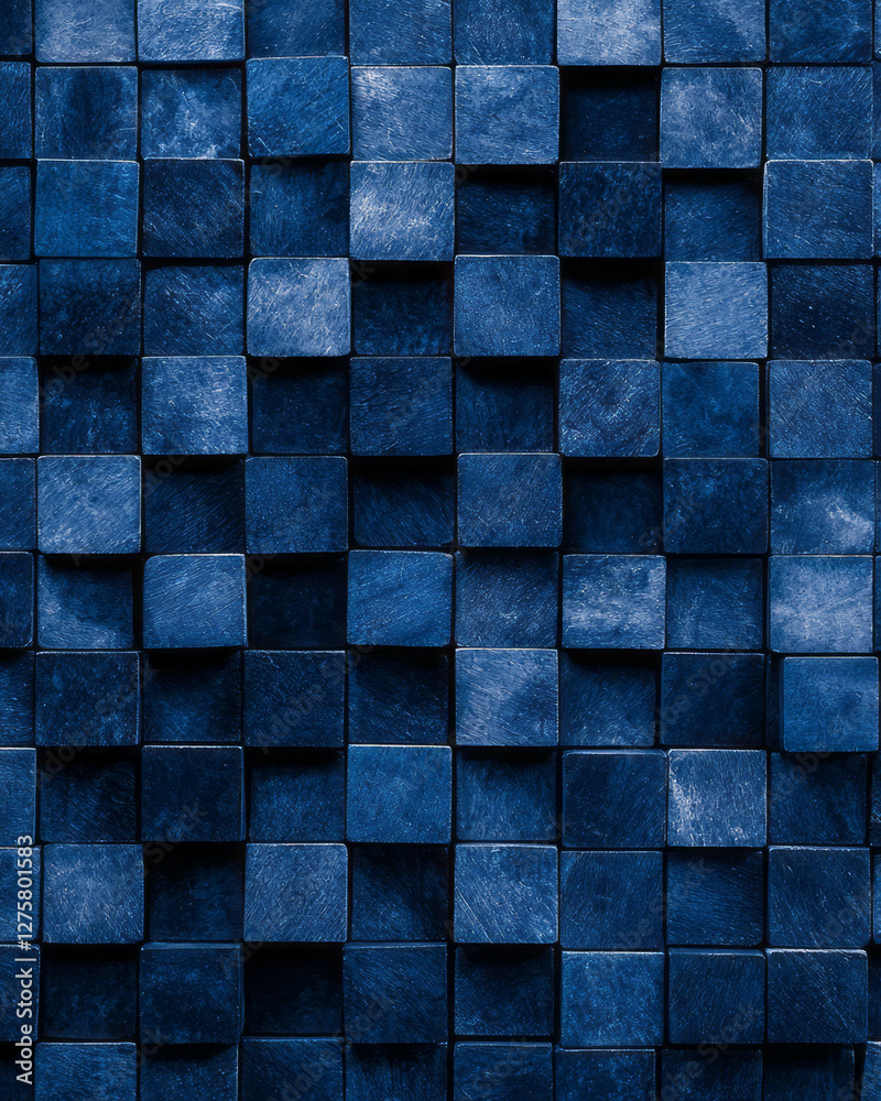 Poster Lightly textured navy backdrop intersected by shimmering turquoise cubes, each positioned with