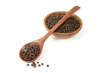 Black pepper in wooden spoon with bowl isolated on white background
