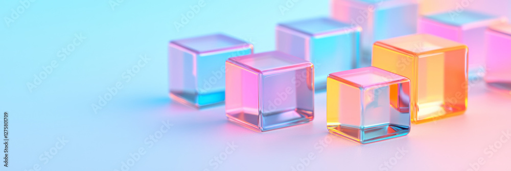 Poster Semi-transparent cubes suspended in a lattice-like matrix, illuminated by subtle gradient
