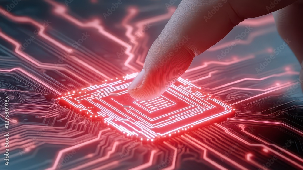 Poster Finger touching circuit board with red light indicating active connection or power status