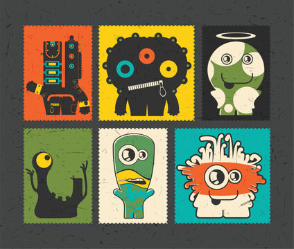 Naklejki Set of cartoon monsters  on color grunge background
