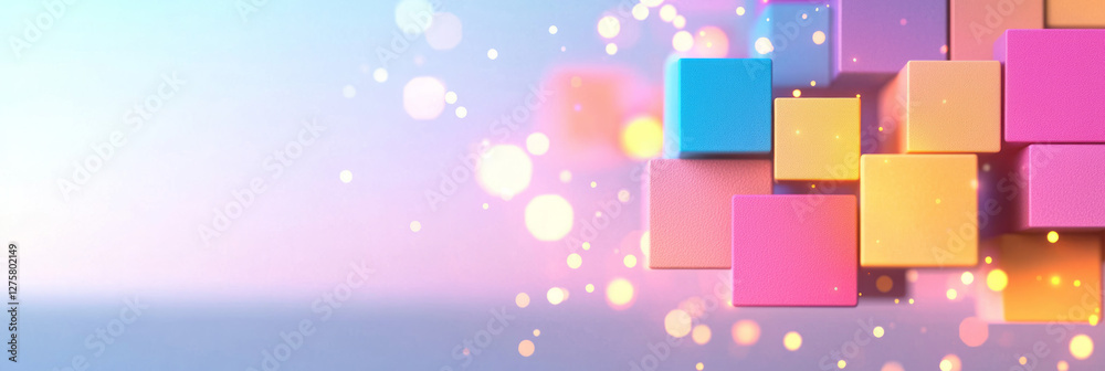 Fototapete overlapping cubes of different scales fading into the distance, interspersed with flickering gold