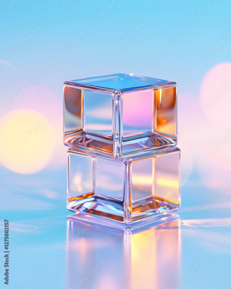 Poster cinematic perspective of stacked cubes on a reflective surface, each cube radiating a soft inner