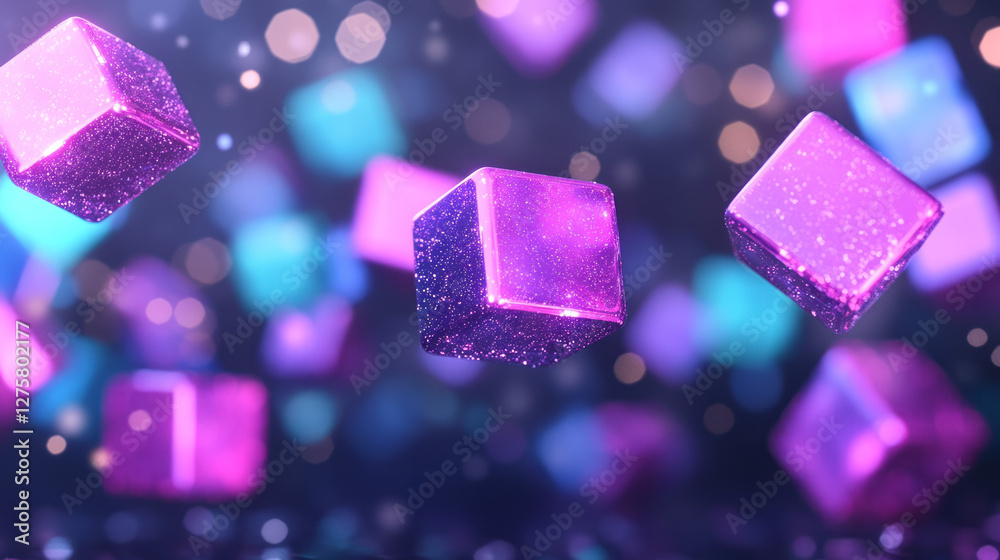 Aufkleber vibrant teal and purple cubes twisting around each other, illuminated by swirling bokeh sparkles