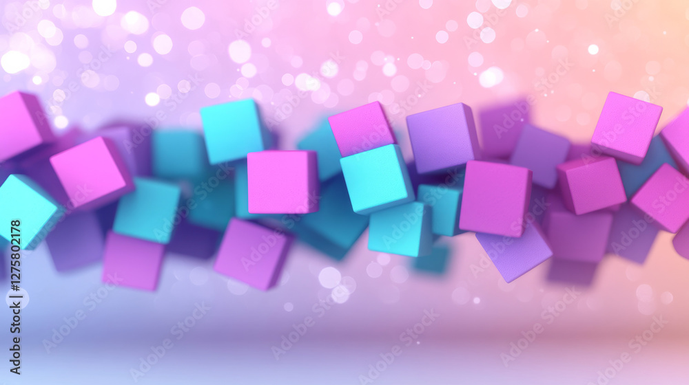 Aufkleber vibrant teal and purple cubes twisting around each other, illuminated by swirling bokeh sparkles