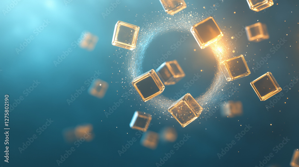 Fototapete abstract arrangement of cubes rotating in a circular pattern, accentuated by a halo of gleaming
