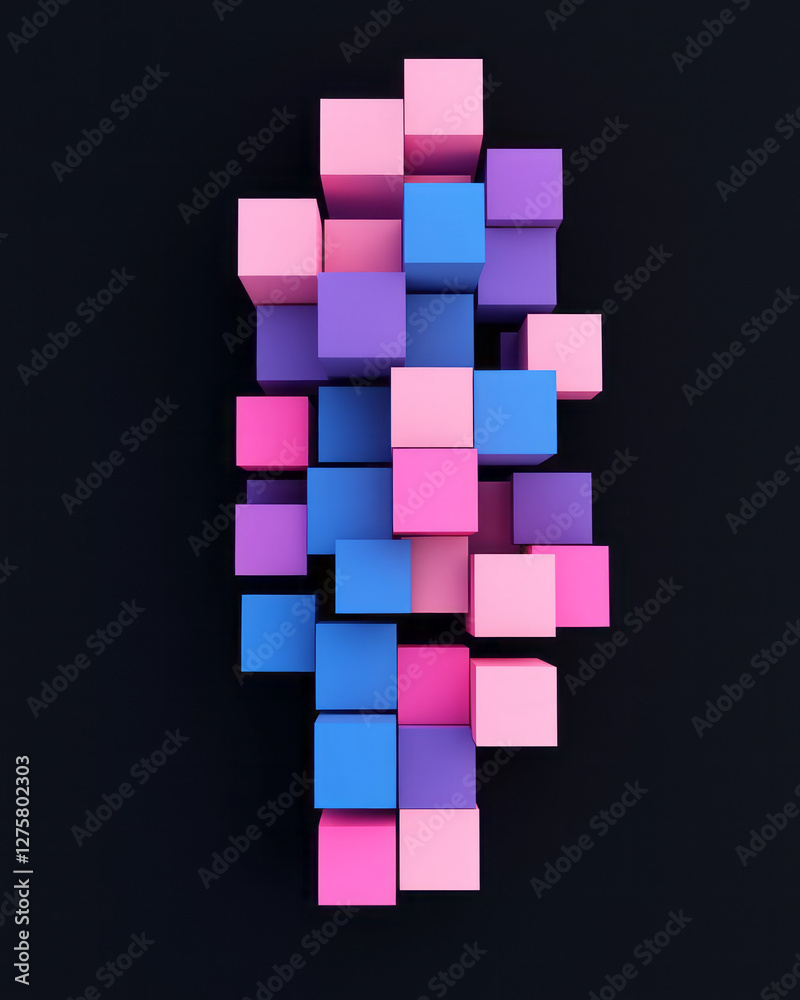 Poster low-poly style arrangement of staggered pink and cobalt cubes forming a central focal point against