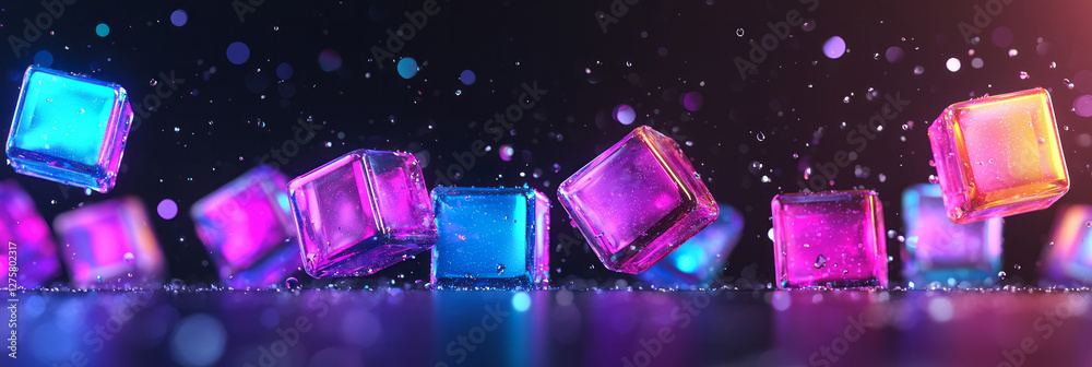Poster tight grouping of glossy cubes in vivid pink and neon blue, hovering over a pitch-black void,