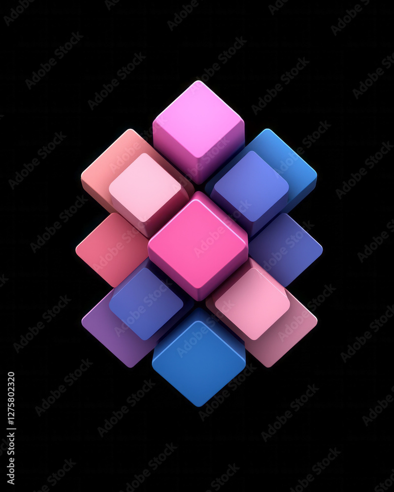 Poster low-poly style arrangement of staggered pink and cobalt cubes forming a central focal point against