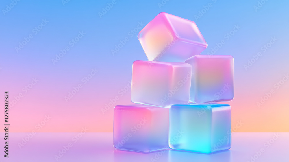Poster cluster of semi-translucent cubes in bright magenta and electric blue, each emitting a subtle glow