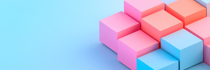 Obraz premium Bold geometric composition of variously sized pink and sky-blue cubes converging, surrounded by