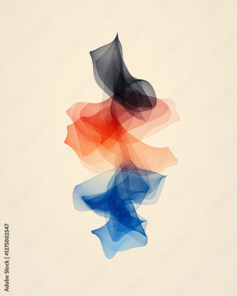 Poster dreamlike composition of intertwined red and blue ink-like shapes, gently fading at the edges for a