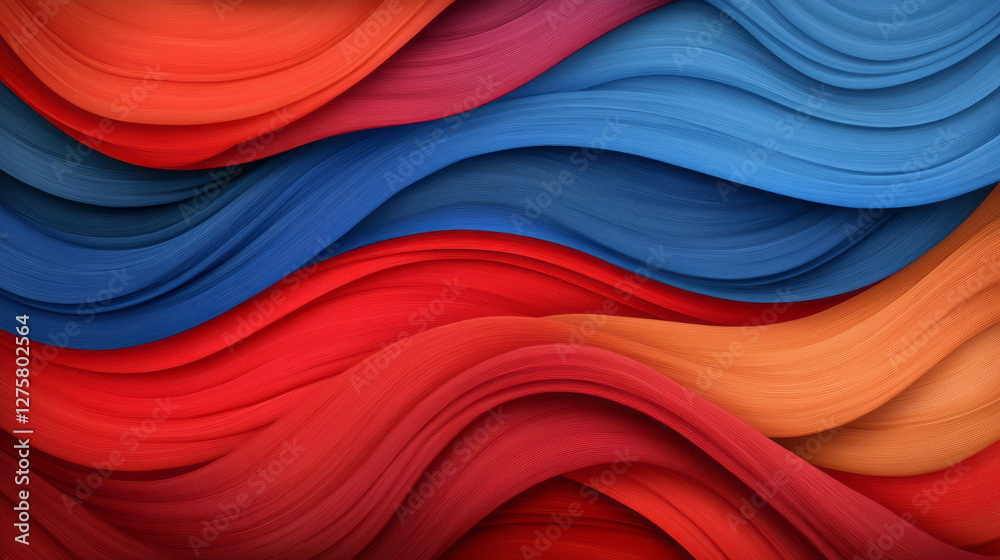 Poster soft, wavelike ribbons in rich scarlet and deep azure, overlapping and twisting amid a smooth