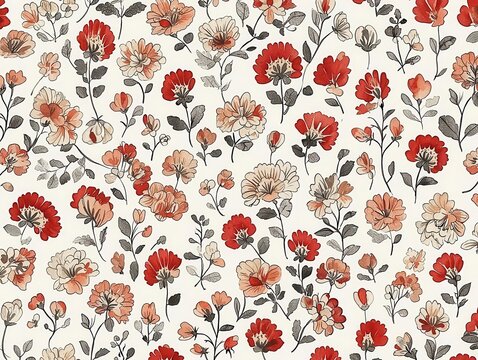 A vibrant floral pattern featuring red and peach flowers.
