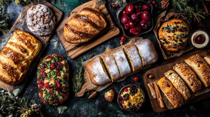 Assorted freshly baked pastries and breads displayed on wooden boards with cherries and greenery