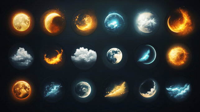 Weather meteo icons realistic set vector illustration. Realistic elements for weather forecast, sun, moon, clouds, hurricane or strong wind, tornado funnel isolated on transparent background