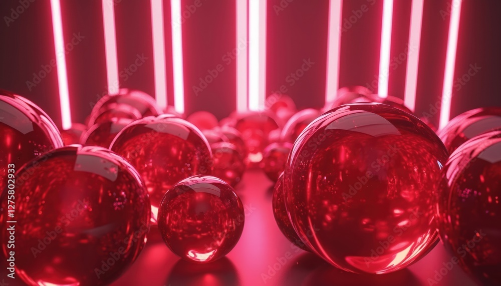 Aufkleber 3d render abstract neon background of glass balls, laser rays with glowing infrared light. geometric