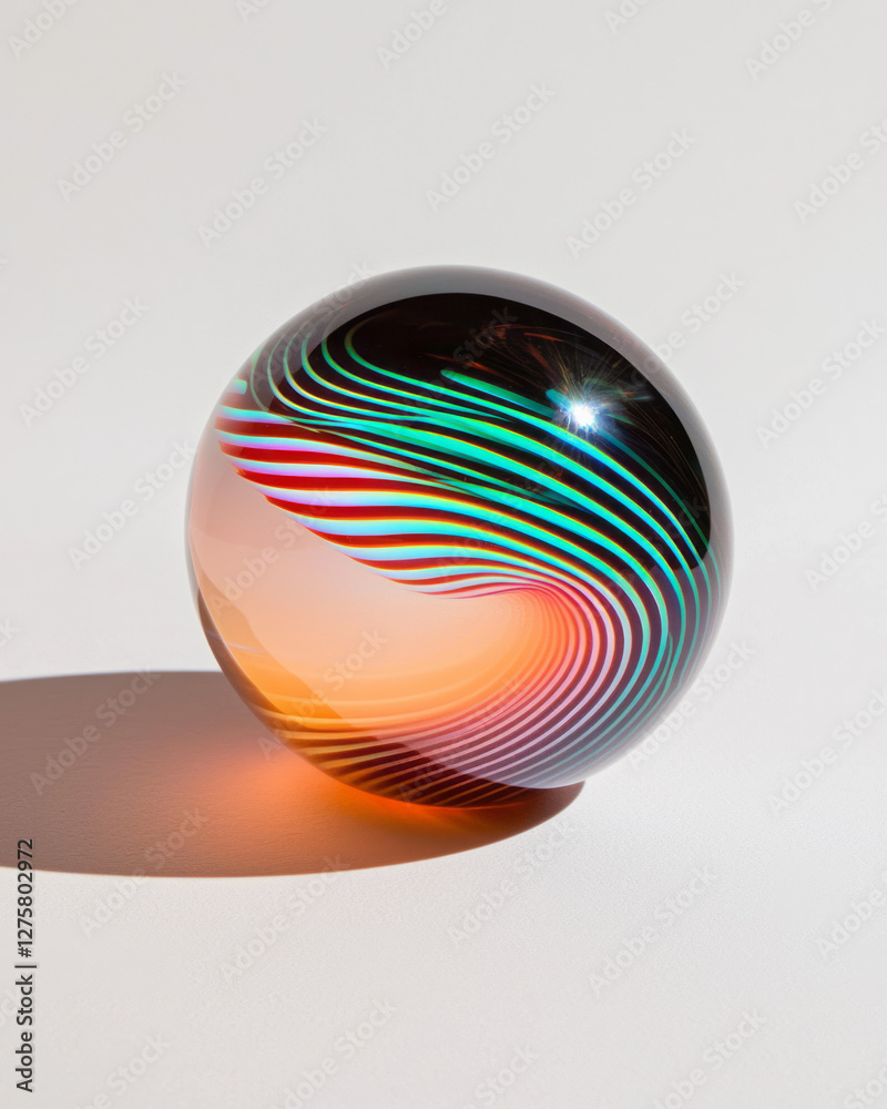 Poster Shimmering metallic orb featuring winding tracks of bright green and deep red that gradually shift
