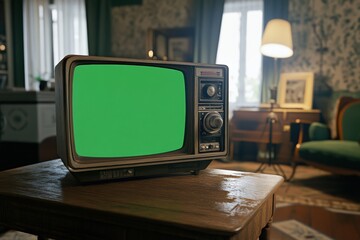 Vintage Television Set Television green screen in a room. 80s Retro TV Media mockup. Digital Display showing blank green background. Old TV displaying chroma key template. Classic tube television