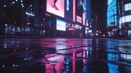Obraz premium Night city street reflection, neon signs, rain, urban background, website banner
