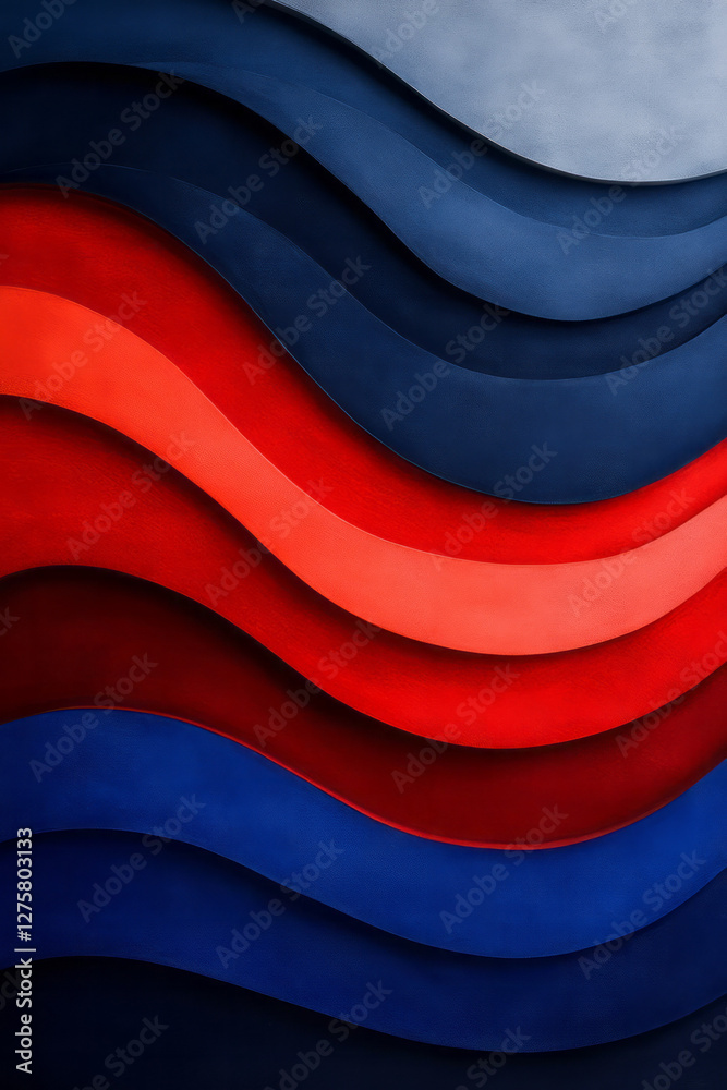 Poster bold diagonal wave design featuring continuous lines in rich sapphire and bright cherry hues,