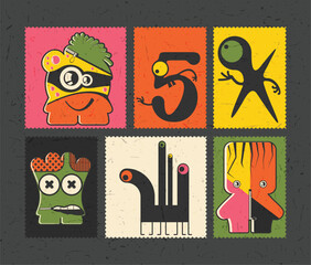 set of cartoon monsters on color grunge backgrounds	