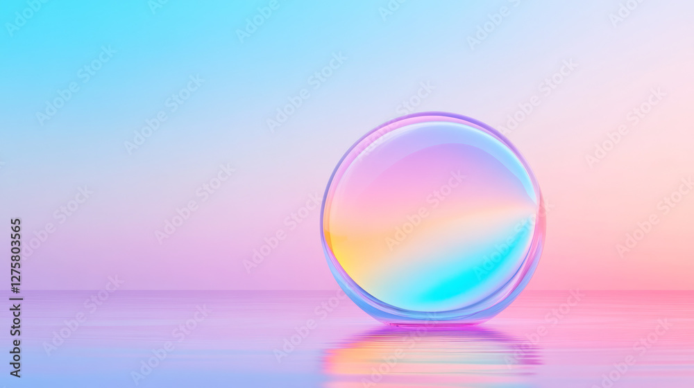 Aufkleber Surreal floating orb with a glossy surface reflecting pastel pink and cool blue gradients under a