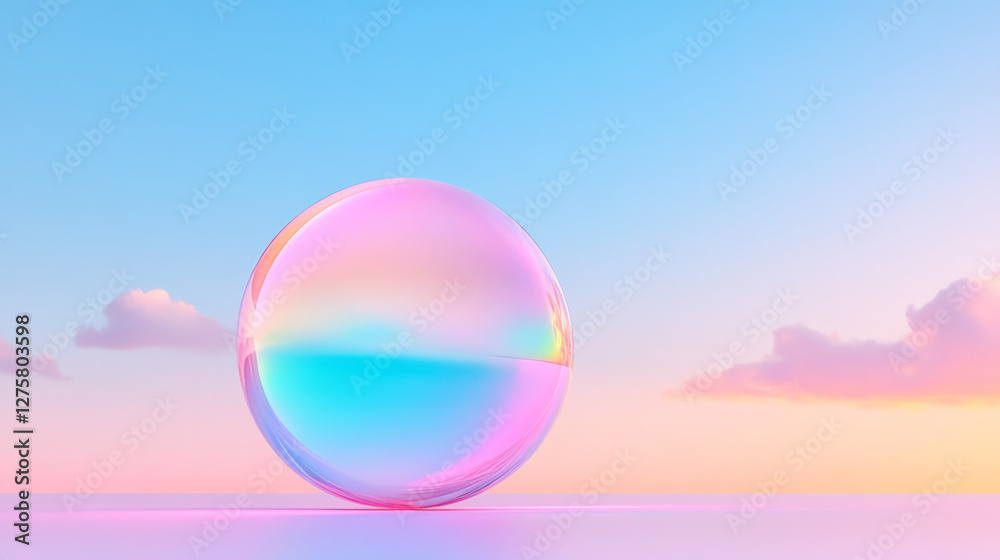 Aufkleber Surreal floating orb with a glossy surface reflecting pastel pink and cool blue gradients under a