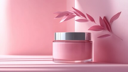 Pink Cream Jar with Delicate Leaves on Pastel Background