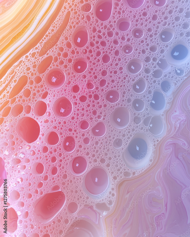 Poster dreamlike droplet cluster forming a gentle swirl, softly transitioning between bubblegum hues and
